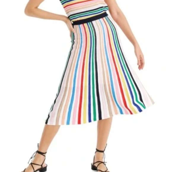 J Crew Dresses & Skirts - J Crew Rainbow Stripe Skirt Flare Knit Pull On Midi A Line Size M White L6946